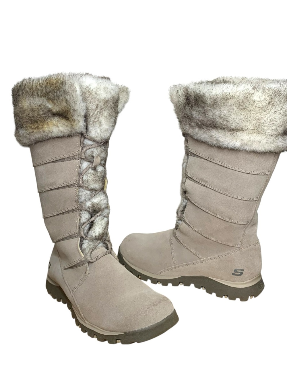 Skechers Taupe Leather Tall Winter Boots Faux-Fur Fleece Lined Sz 8 Native